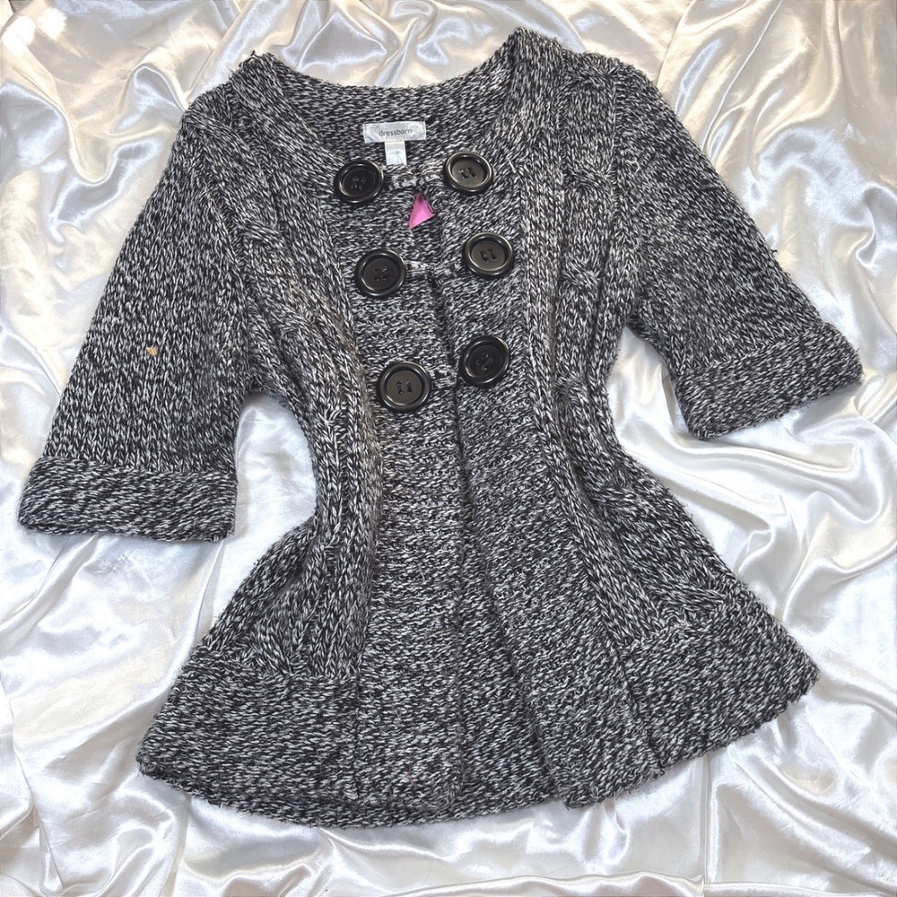 y2k Cardigan Sweater Black Excellent Marled Cable Knit Big Button Dressbarn